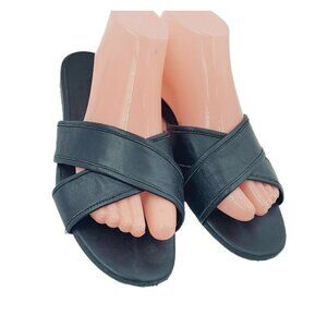 J. Crew Cora Black Leather Two Strap Slide Sandals Size 9